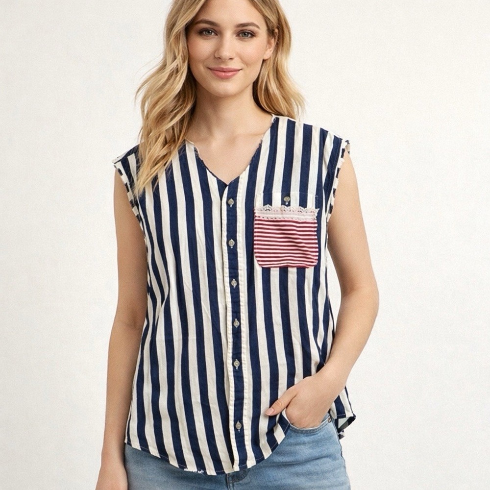 Haggar Clothing cut off Sleevless Stripe Button down (medium/large)
